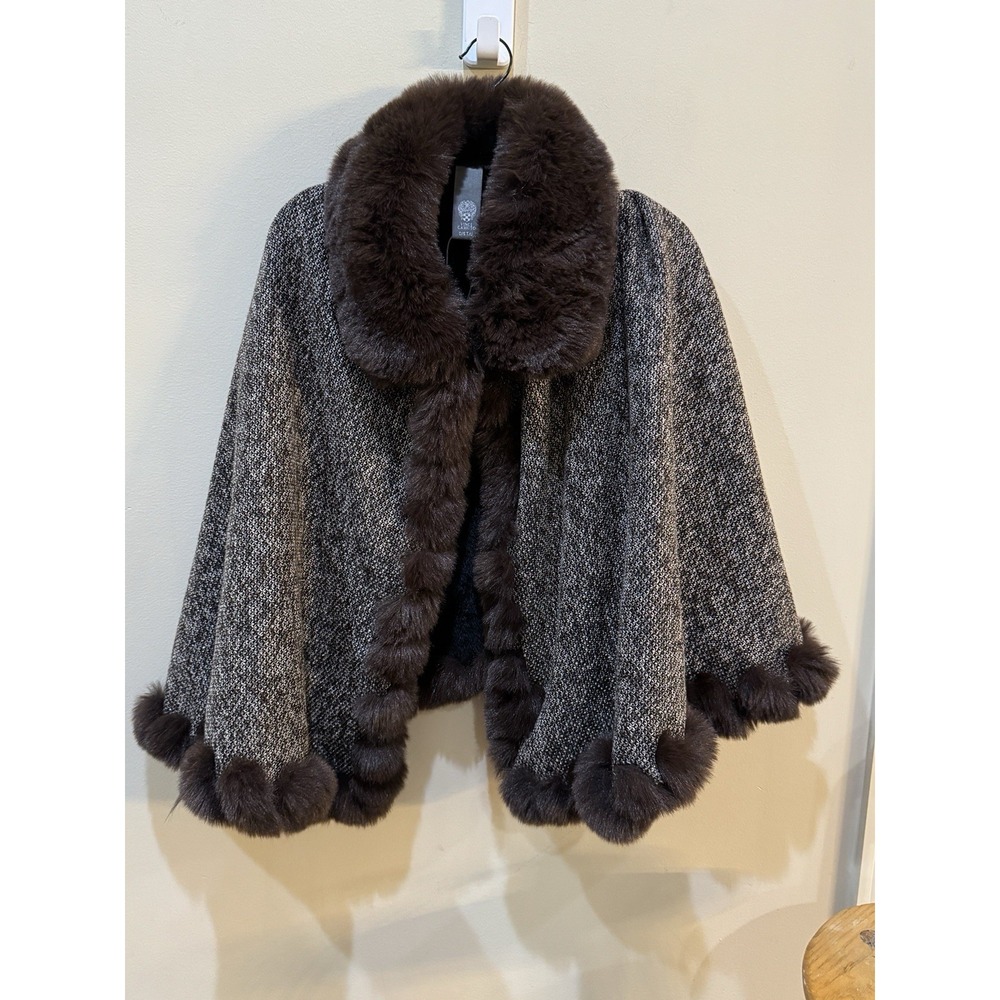 NWT Vince Camuto Faux Fur Trim Cape Shawl Capelet Penny Lane Tweed One Size - Picture 5 of 13